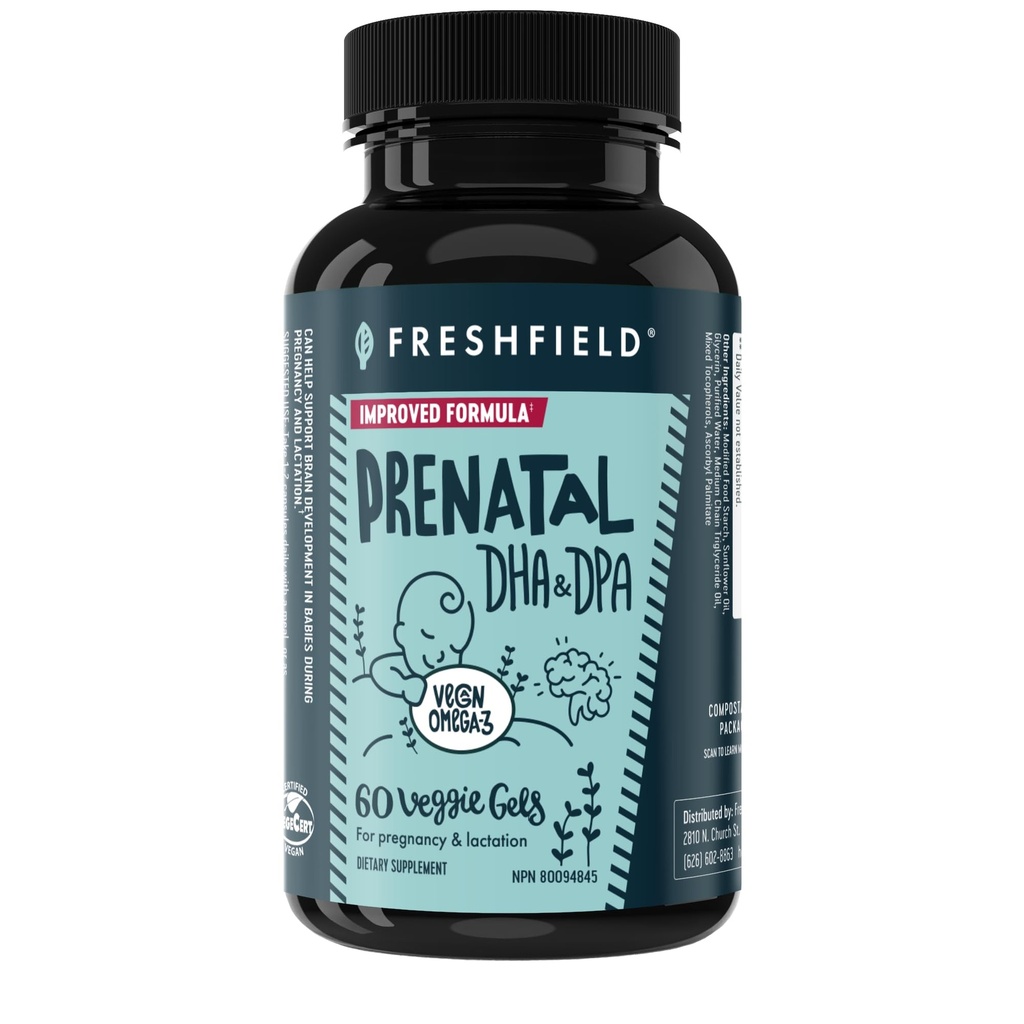 Freshfield Prenatal Vegan Omega 3 DHA : 지속 가능한, Carrageenan 무료, 제 3 자 테스트, Compostable Bottle, 탄소 중립. 심장, 뇌, 관절 건강 w/DPA 지원