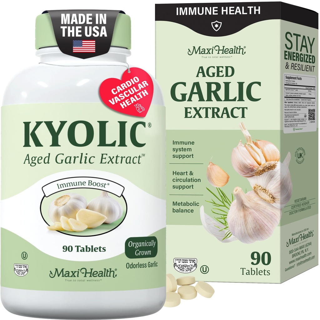 Maxi Health Kyolic Organic Garlic Supplement - Immune 지원을위한 Kyolic Aged Garlic 추출물이있는 Kosher Garlic 정제 - 채식 마늘 알약 (90 개)