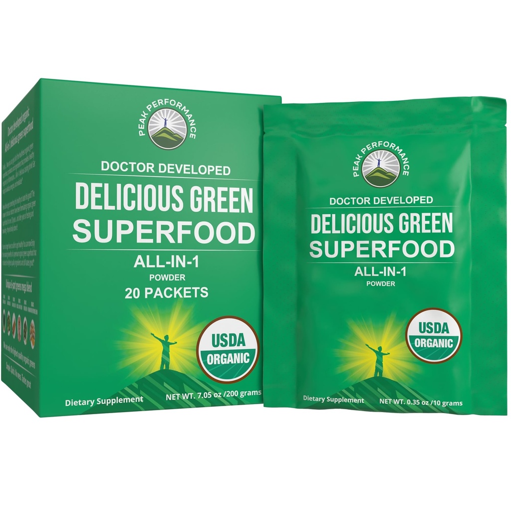 피크 성능 유기 녹색 Superfood Powder Single Serve Travel Packets. 25+를 가진 제일 맛 유기 녹색 주스 최고 음식 최대 에너지를 위한 모든 자연적인 성분. (20 팩)