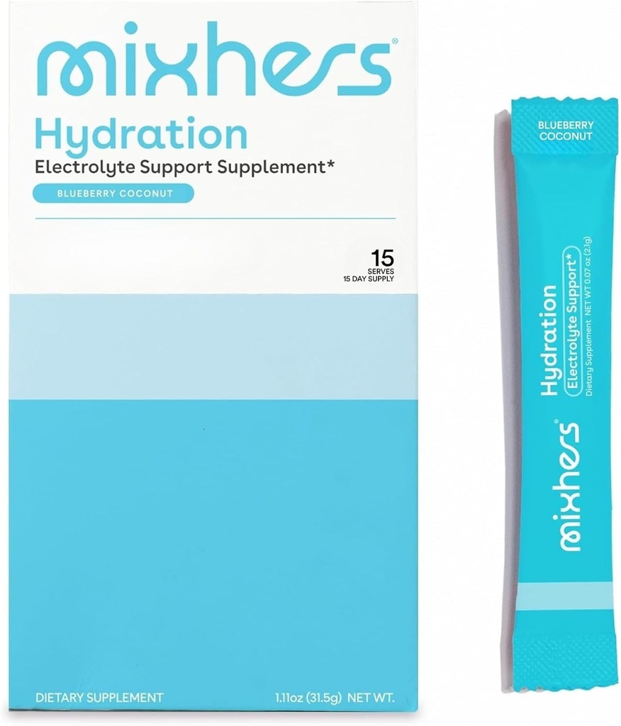 MIXHERS Hydration Electrolyte Support Supplement | 비타민 C, 철, 아연으로 구성된 식사 음료 | 슈가프리 및 플랜트 기반 | 블루베리 코코넛 맛 | 15개의 끈 패킷