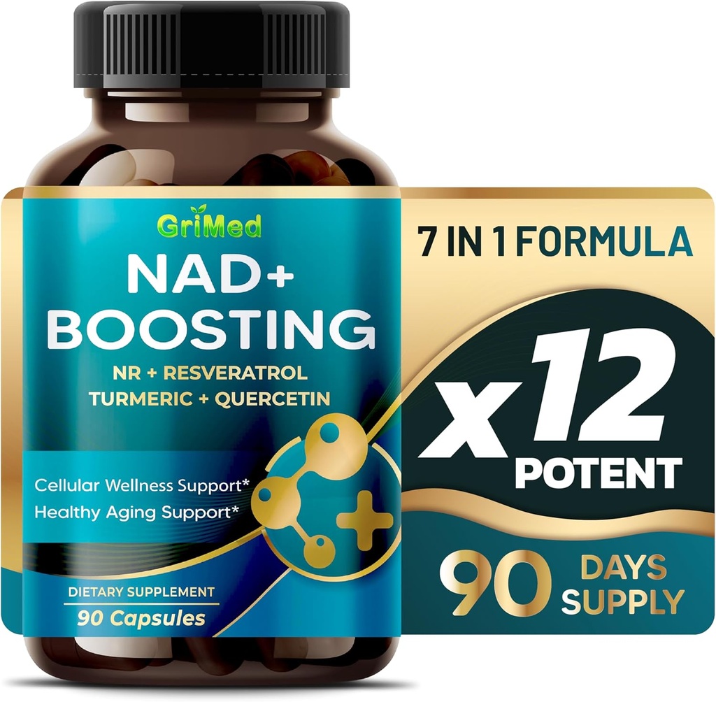 GriMed NAD + 부스트 16,550mg- x12 NR + Resveratrol Turmeric + Quercetin - 셀룰러 에너지, 셀룰러 수리, 건강한 노화 - 미국 제작 및 테스트 (90 개)