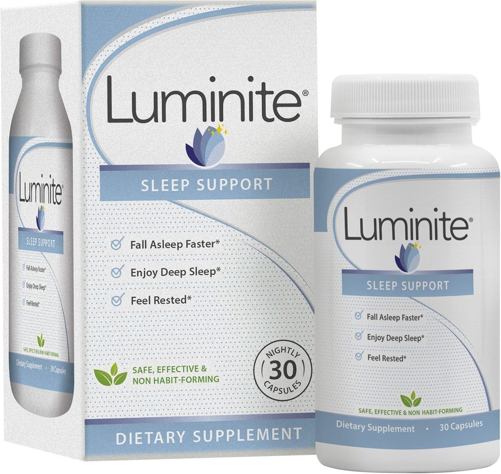 Luminite 수면 지원 - 야간 수면 보조 보충교재 - L-Tryptophan, Melatonin, Chammomile - Non Habit Forming, 30 Count