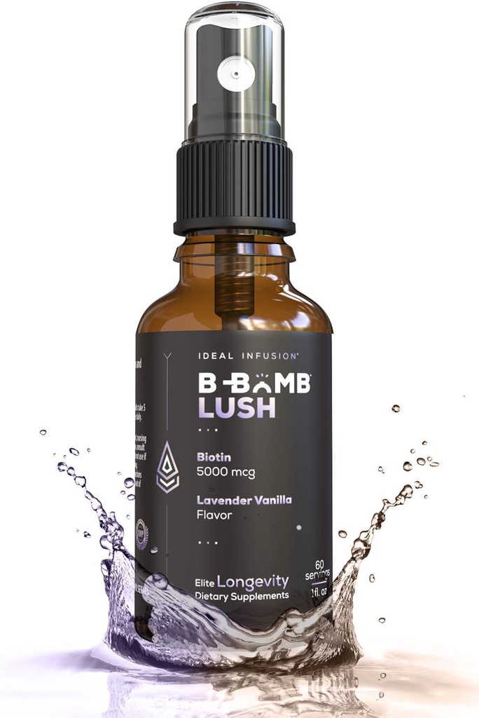 이상적인 주입 B-Bomb Lush Biotin 액체 스프레이 : 유기 라벤더 바닐라 - 5000mcg, 두께 및 볼륨을위한 머리 성장 비타민 - 피부 건강, 더 강한 손톱, 케토, 비건