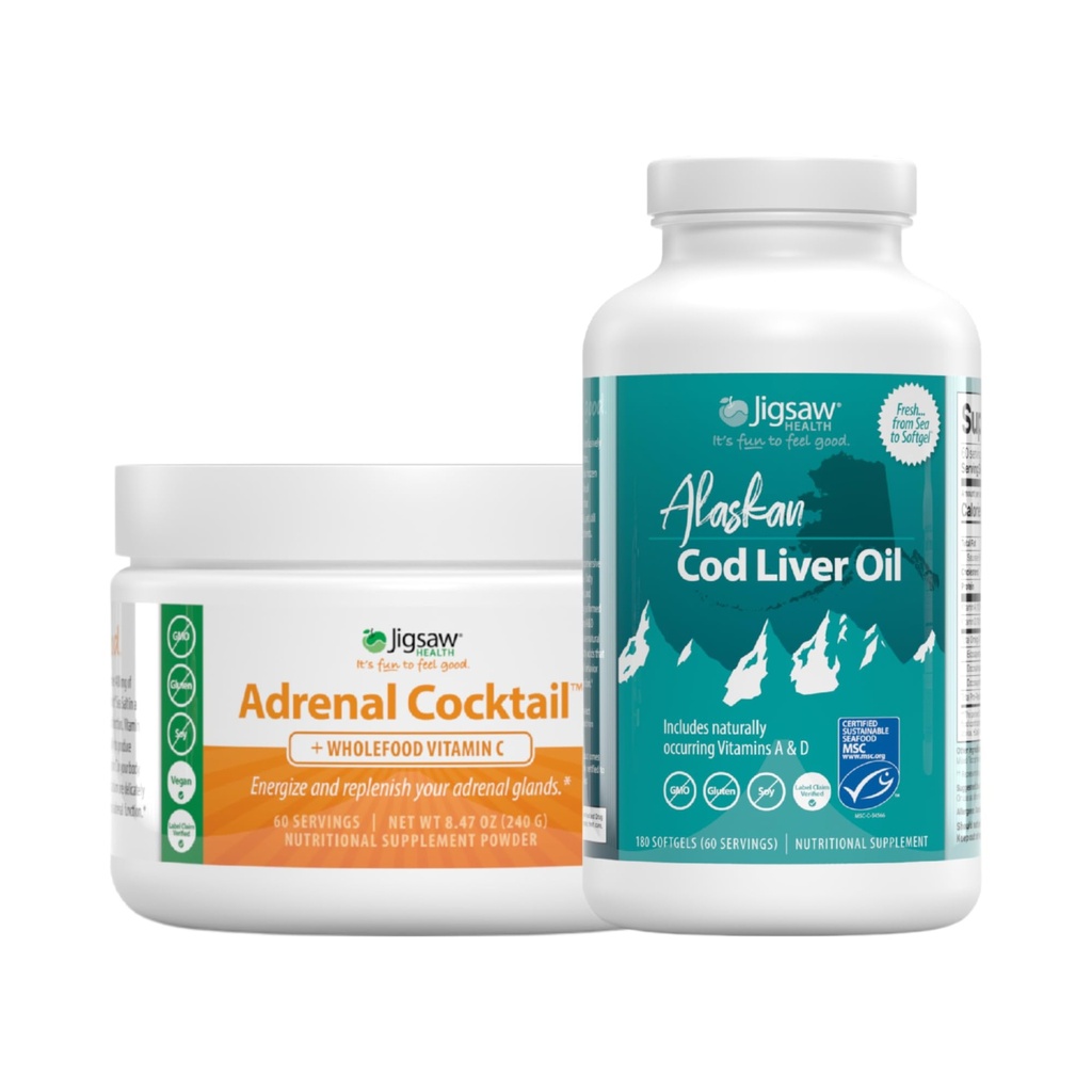 Jigsaw Health Bundle | Adrenal 칵테일, 60 인스 타 그램 (Jar), 알래스카 코드 라이브 오일, 180 Softgels