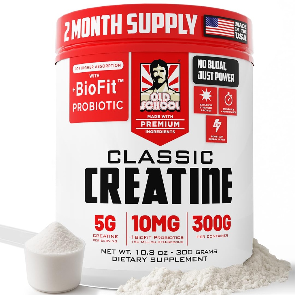 Old School Labs Micronized Creatine Monohydrate with No Bloat BioFitTM Probiotic - Men & Women Post-Recovery Powder for Strength & Performance - 60 인분 불임