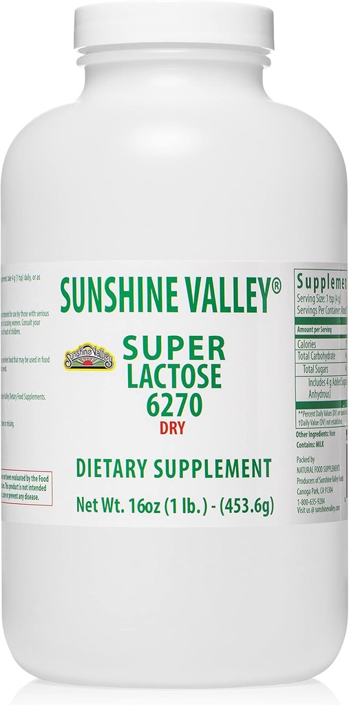 Sunshine Valley® Super Lactose Dry Powder (FREE FLOW POUR) - 천연 감미료 및 베이킹 강화제, 조리 및 식품 혼합물, 식품 안정제 및 필러를위한 가루 설탕 - 16 oz