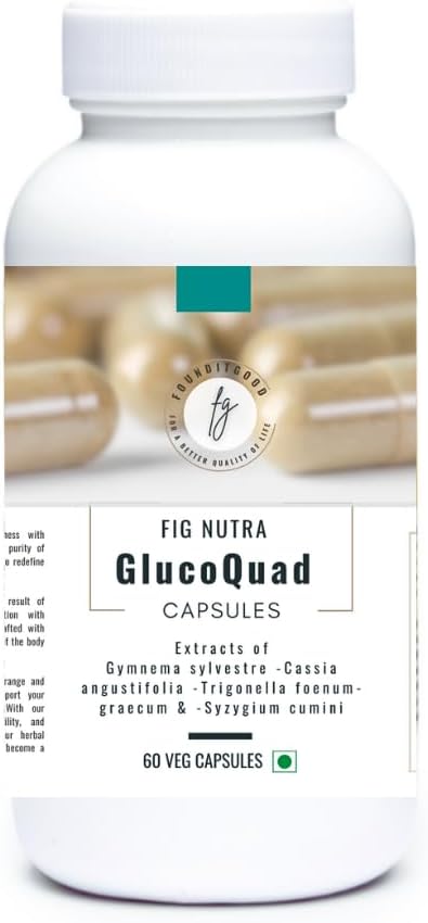 FiG Nutra ‘GlucoQuad’ 캡슐 | 초본 대사 지원 보충교재 | Gymnema, Fenugreek, Cassia, Syzygium 혼합 | 60 Veg 캡슐