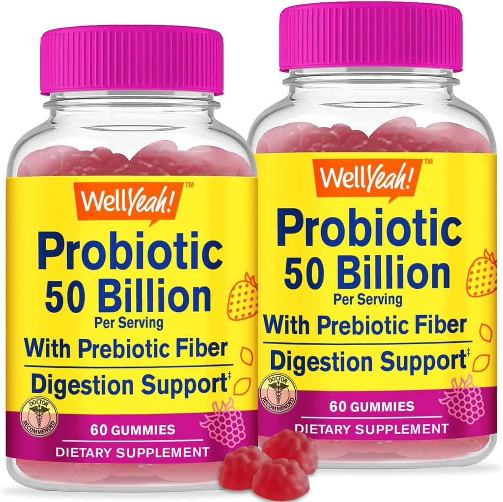 WellYeah (2 팩 50 억 Probiotics + Prebiotics for Men and Women Gummies - 소화 지원, Gut Health, Immune Support Gummy - 12 Strains - 60 Gummies와 소화 건강을 위한 Probiotics