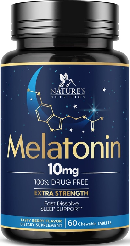 Melatonin 10mg 빠른 용해 정제 - 여분의 힘, 설탕 자유로운 Melatonin는 성인, 맛있는 딸기 풍미, 60 정제를 위한 자연적인 수면 지원 보충교재를 보충합니다