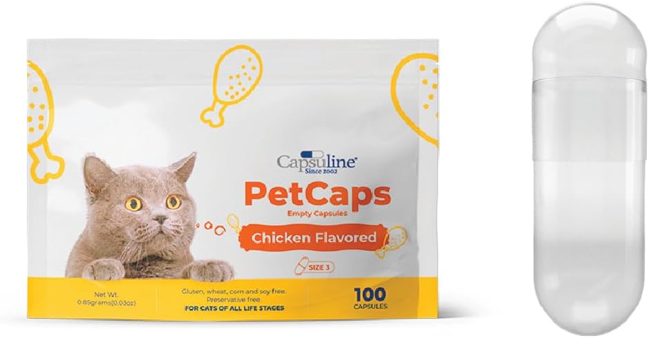 Capsuline PetCaps 크기 3 빈 젤라틴 캡슐 모든 생활 단계의 고양이, 닭 맛 - 100 개| 숨기기 의학 맛 & 냄새 | 글루텐 무료, 고셔, 비 GMO 인증 | Pure Bovine Pill Caps