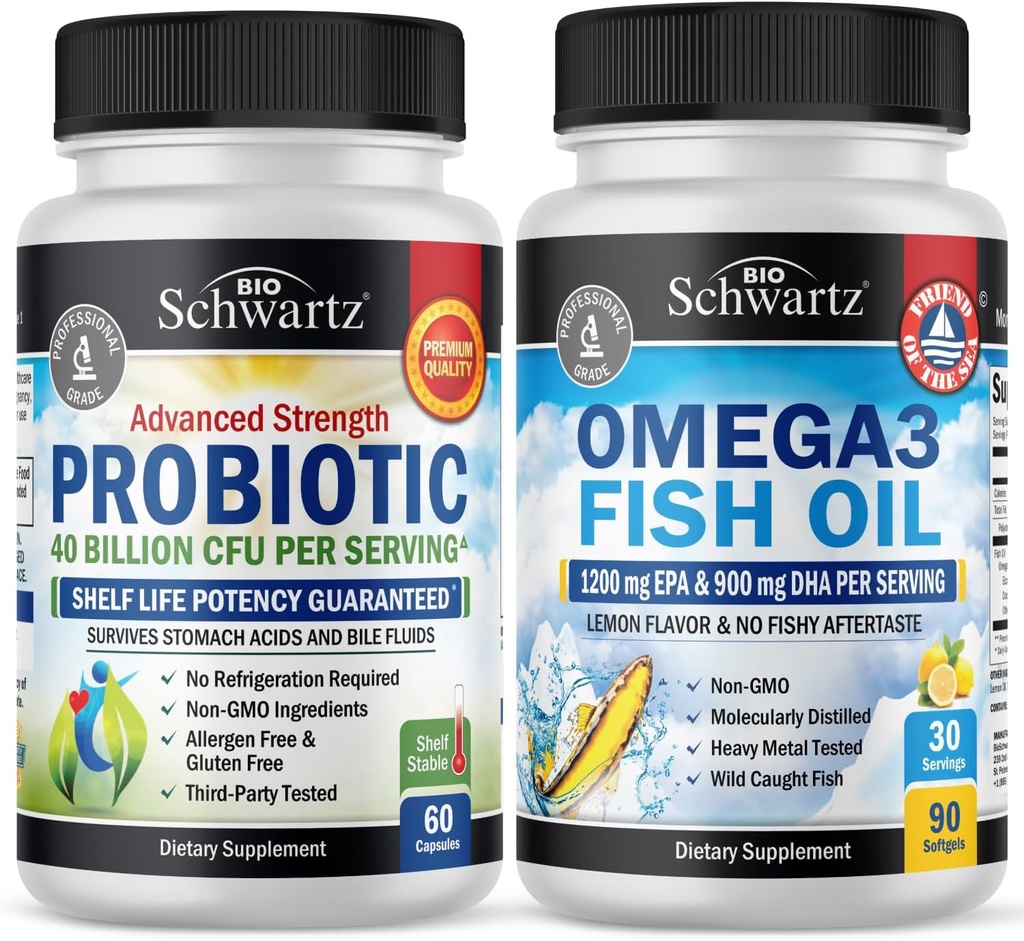 세 배 힘 Omega 3 물고기 기름 Softgels (1 달 공급) 플러스 40 억 CFU 매일 Probiotic 보충교재 (1 달 공급)