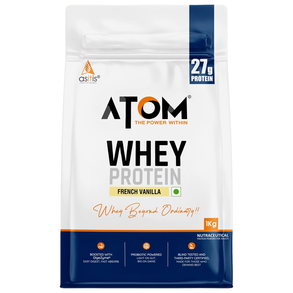 아염 영양 AS-IT-is Atom Whey Protein 1kg/35.2 Oz Digestive Enzymes | 정확도 및 순도 인증 미국 Labdoor | 프랑스어 바닐라 맛 | 27g Protein | 5.7g Bcaaâ