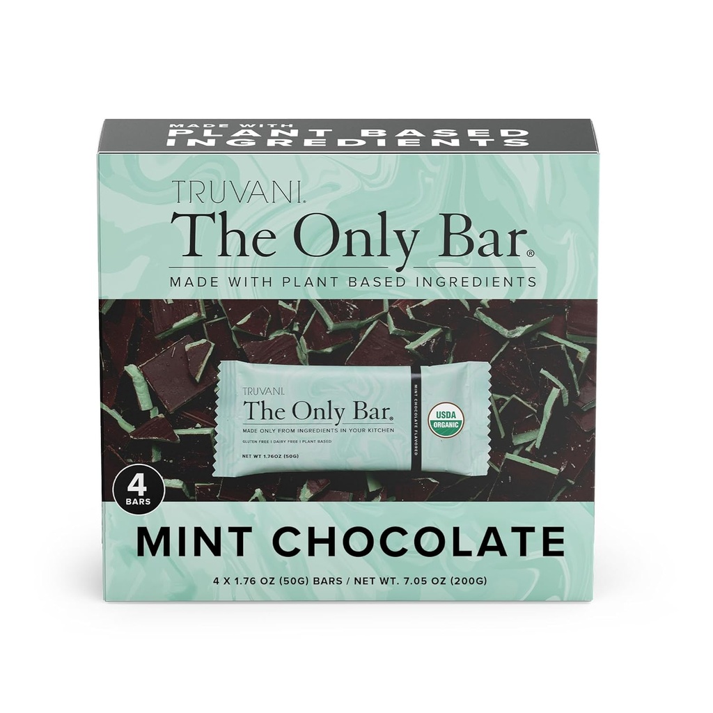 Truvani 플랜트 기반 스낵 바 | 초콜릿 민트 4 팩 | 7g Protein | USDA Organic and Vegan | The Only Bar | 다이너스티, 소이, 글루텐 프리 | 개별적으로 포장