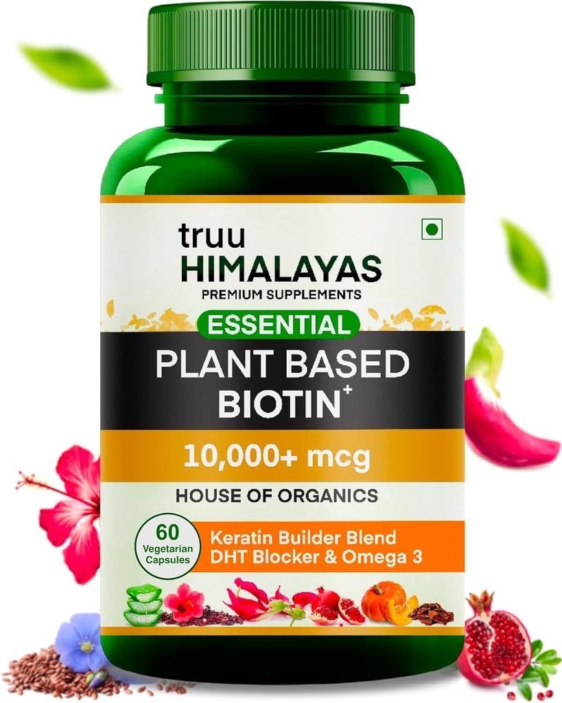DHT Blocker, Keratin & Omega 3 Supplement Vitals for Men & Women - Ayurvedic Nutrients for Hair Fall, Skin & Nails Health - 60 캡슐에 대한 식물 기반 바이오틴 10000mcg