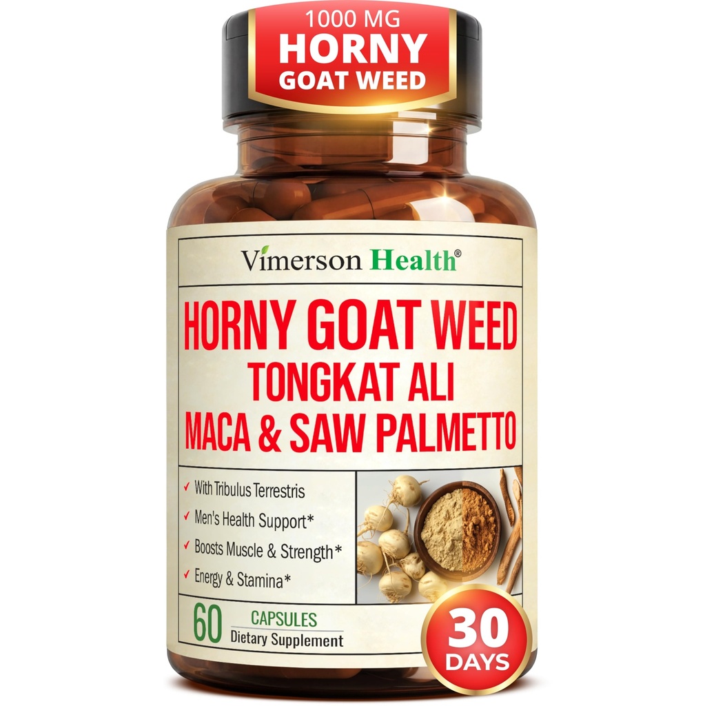 HornyGoatWeed for Men (포장 당 1000mg) – 남성 강화 보충교재 w/마카 뿌리, Tongkat Ali, 톱 팔메 토, Panax Ginseng, Tribulus Terrestris & 에너지, 드라이브 & 힘을 위한 L 아르기닌
