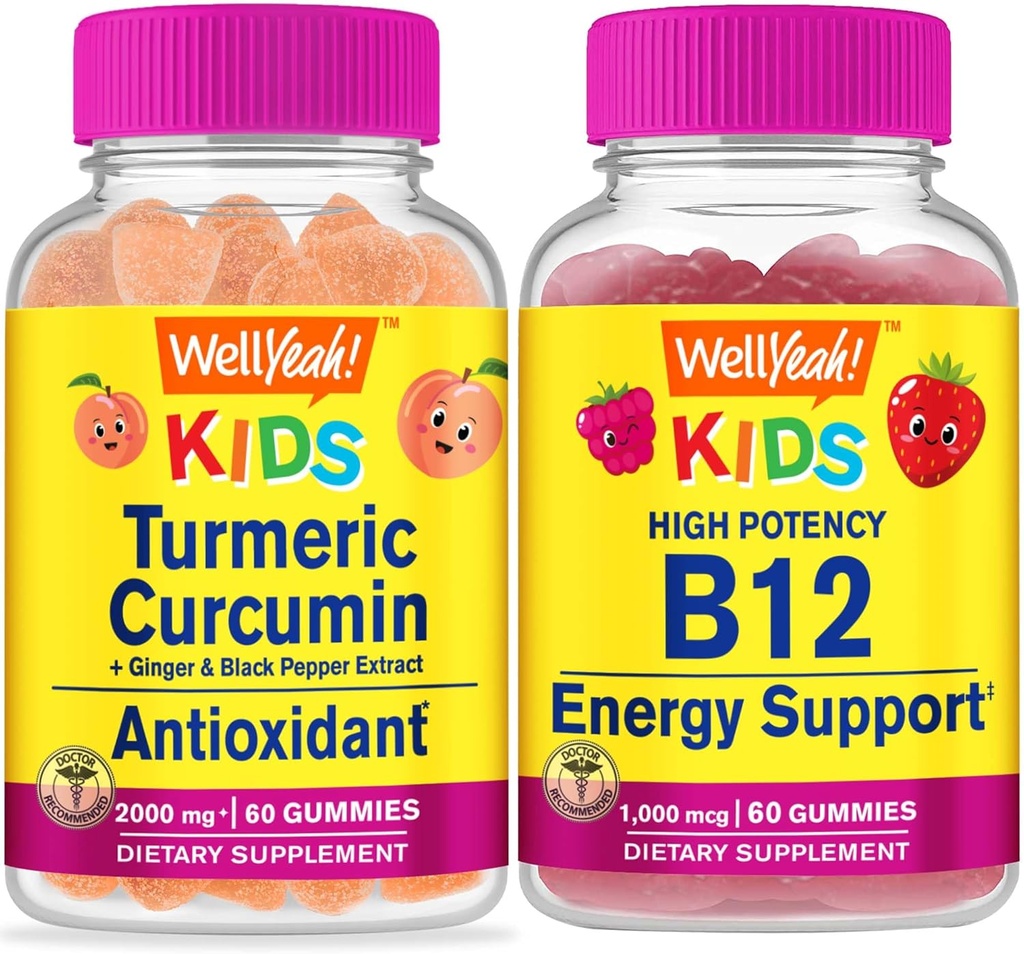 WellYeah Turmeric Curcumin Kids + 비타민 B12 키즈, Gummies 번들 - 훌륭한 타스팅, 비타민 보충, 글루텐 무료, GMO 무료, Chewable Gummy