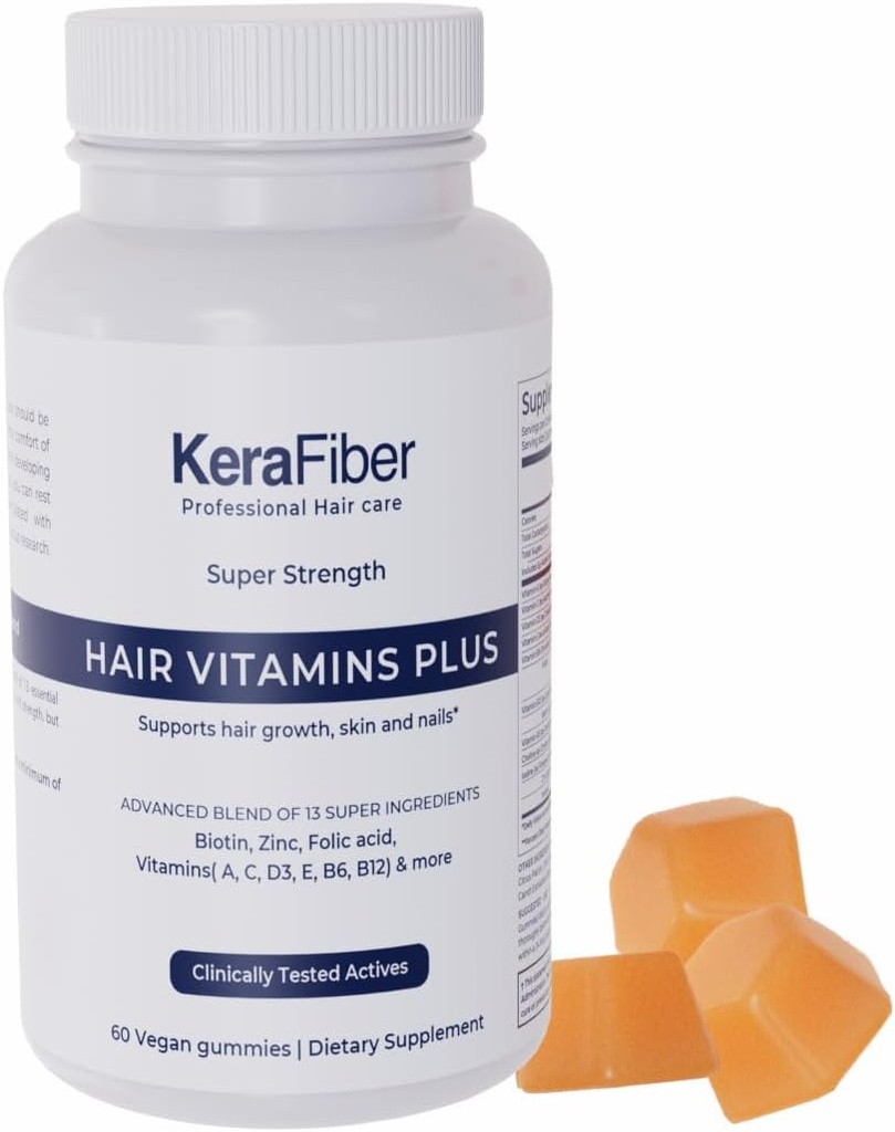 KeraFiber 직업적인 머리 비타민 플러스 Gummies - Biotin 머리 성장 보충교재 - 아연을 가진 Vegan 머리 비타민, 비타민 A, C, D, E, B6, B12 - 지원 머리 성장, 피부 & 못 - 60 조사