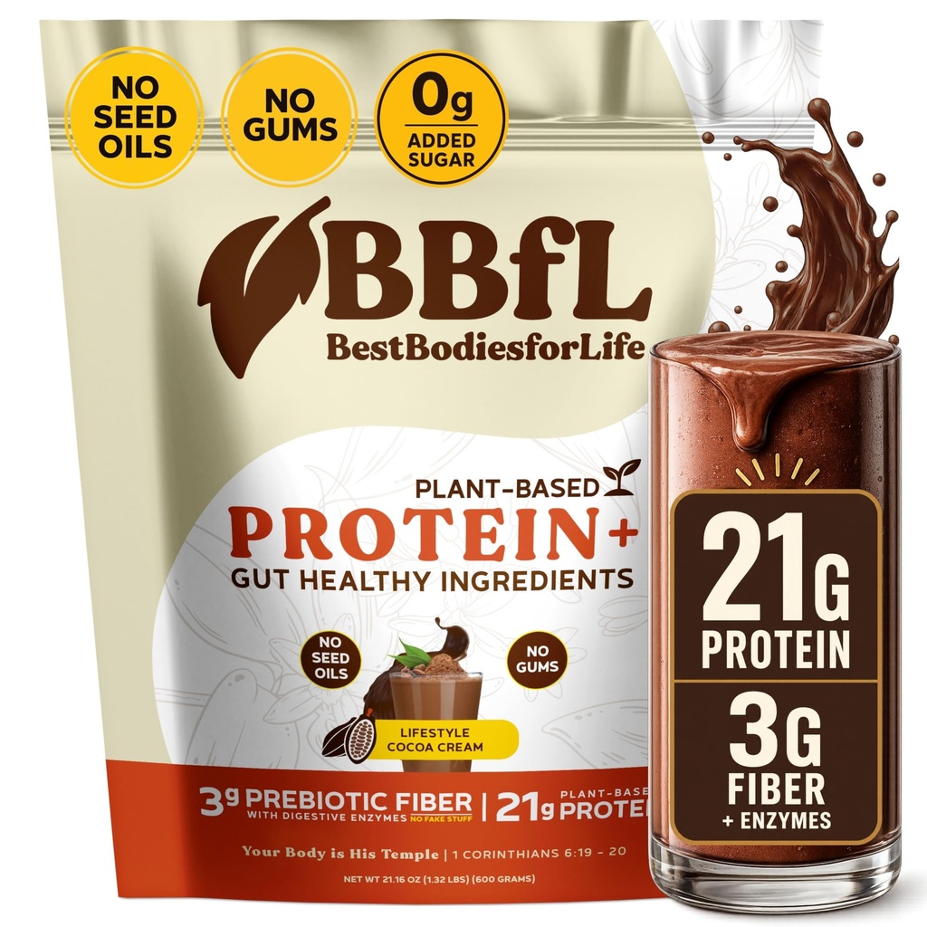 BBfL 공장 기반 단백질 셰이크 - 21g Vegan Protein, Cocoa + Apple Cider Vinegar, Prebiotics, 소화 효소, Gut Health 지원 - 여성 및 남성 (15 서빙, Cocoa Cream)
