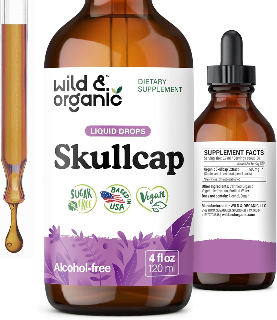 Wild & Organic Skullcap Herb Tincture - 무드 지원을위한 Skullcap 보충 - 액체 추출물 드롭 - 채식, 설탕 및 알코올 - 무료 4 fl oz