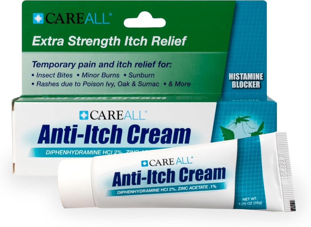 CareAll Anti-Itch Cream 1.25oz Histamine Blocking, Diphenhydramine HCI 2% 화제 진통제 & 아연 아세테이트 0.1% 피부 보호제는 일반적인 옥외 이체에서 임시 고통 그리고 이체 기복을 제공합니다
