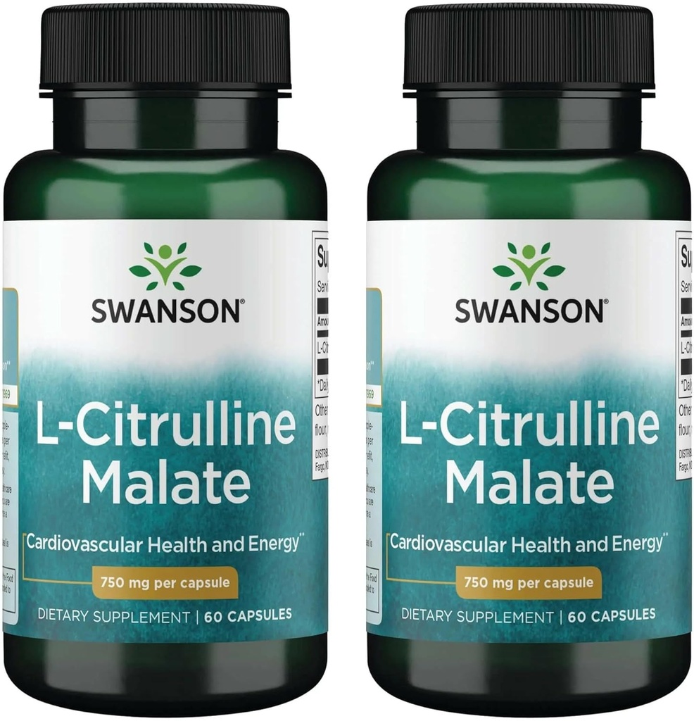 Swanson L-Citrulline Malate - 아미노산 보충 에너지 생산 및 건강한 혈액 순환 촉진 - 자연적인 공식 지원 전반적인 웰빙 - (60의 캡슐, 750mg 각각) (2 팩)