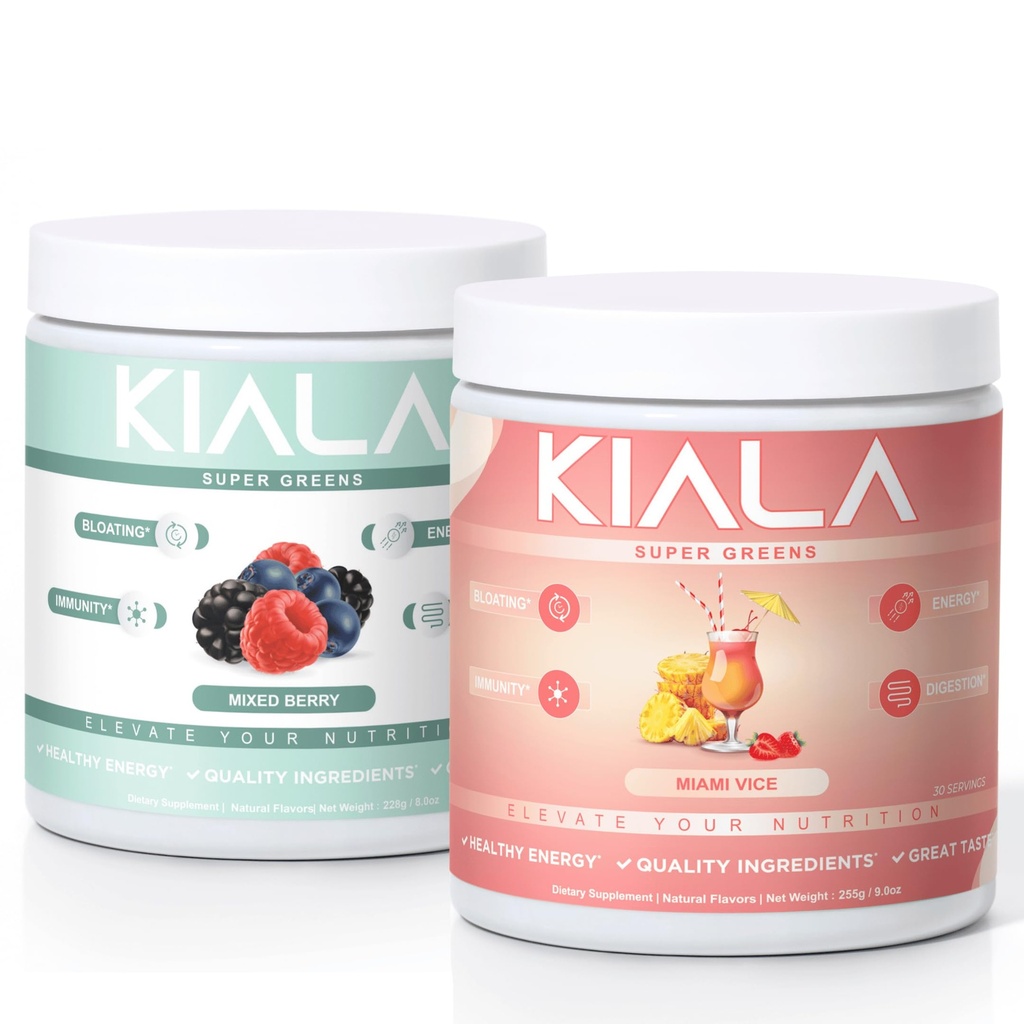 Kiala 영양 슈퍼 그린, 유기 녹색 분말, Spirulina & Chlorella Superfood 분말, 설탕 & 글루텐 무료 채식, 스펙트럼 혼합, 혼합 베리 & 마이애미 부, 2 팩