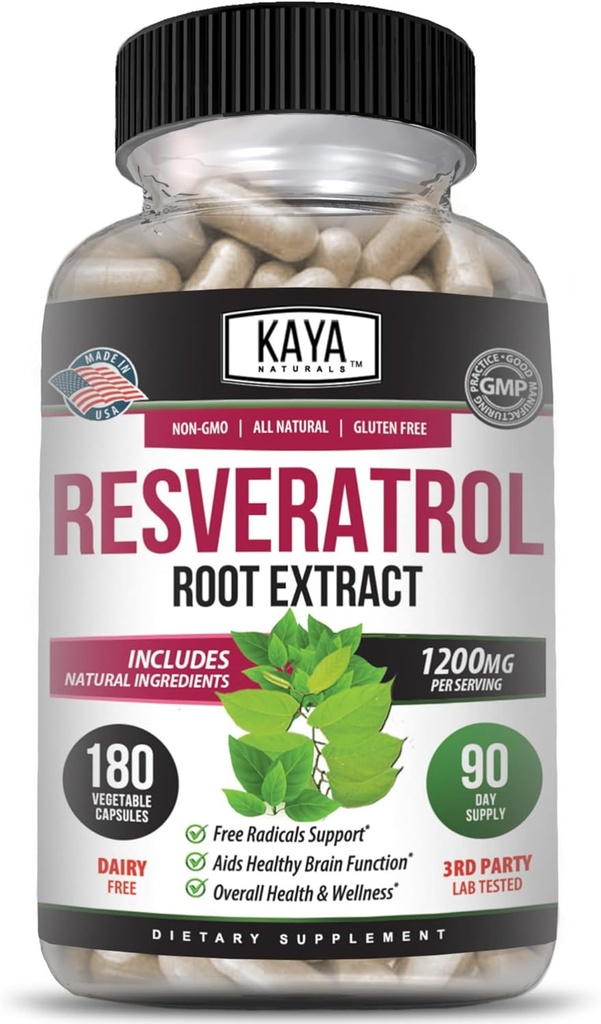 Kaya Naturals - Resveratrol 캡슐 - 노화 방지 보충 - 뇌 지원과 산화 방지제 - 최대 혜택 - 180 Veggies 캡슐