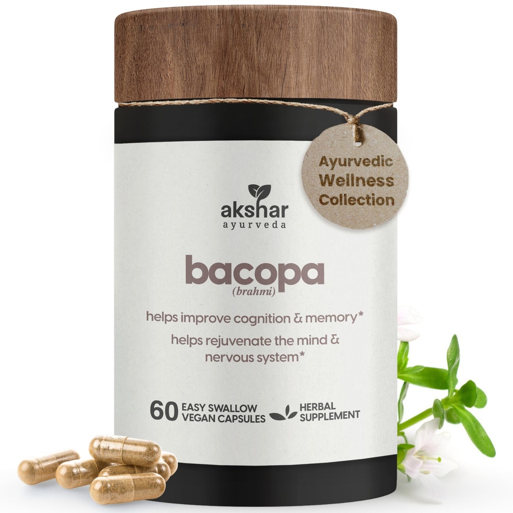 AKSHAR Ayurveda - Bacopa 500mg Brahmi 보충교재, Rejuvenate 체계, 성인을 위한 Cognitive 기능을 지원하는 Bacopa 알약, Vegan Cruelty 자유로운 Bacopa Monnieri (60 조사)