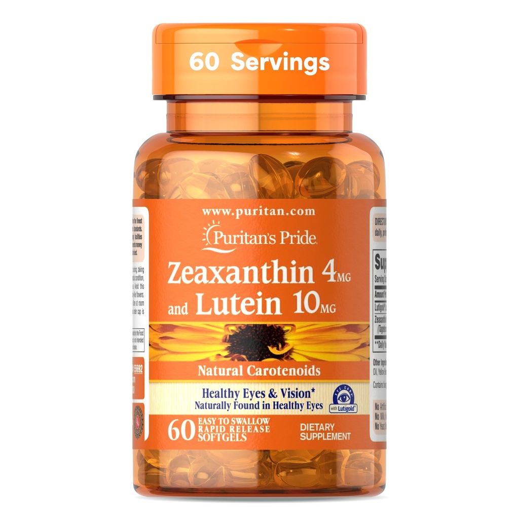 Puritan의 Pride Zeaxanthin 4mg LutigoldTM Lutein 10mg Carotenoids, 건강한 눈과 시각을 위한 규정식 보충교재, 60 Easy-to-Swallow 급속한 방출 Softgels