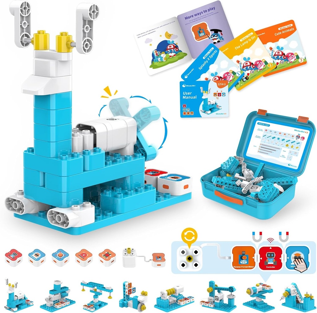 WhalesBot A3 12-in-1 STEM 블록 코딩 로봇 키트 어린이를위한, 61 조각 교육 빌딩 설정 대화 형 스토리 텔링, 소년을위한 이상적인 장난감 선물 & 소녀시대 3-6