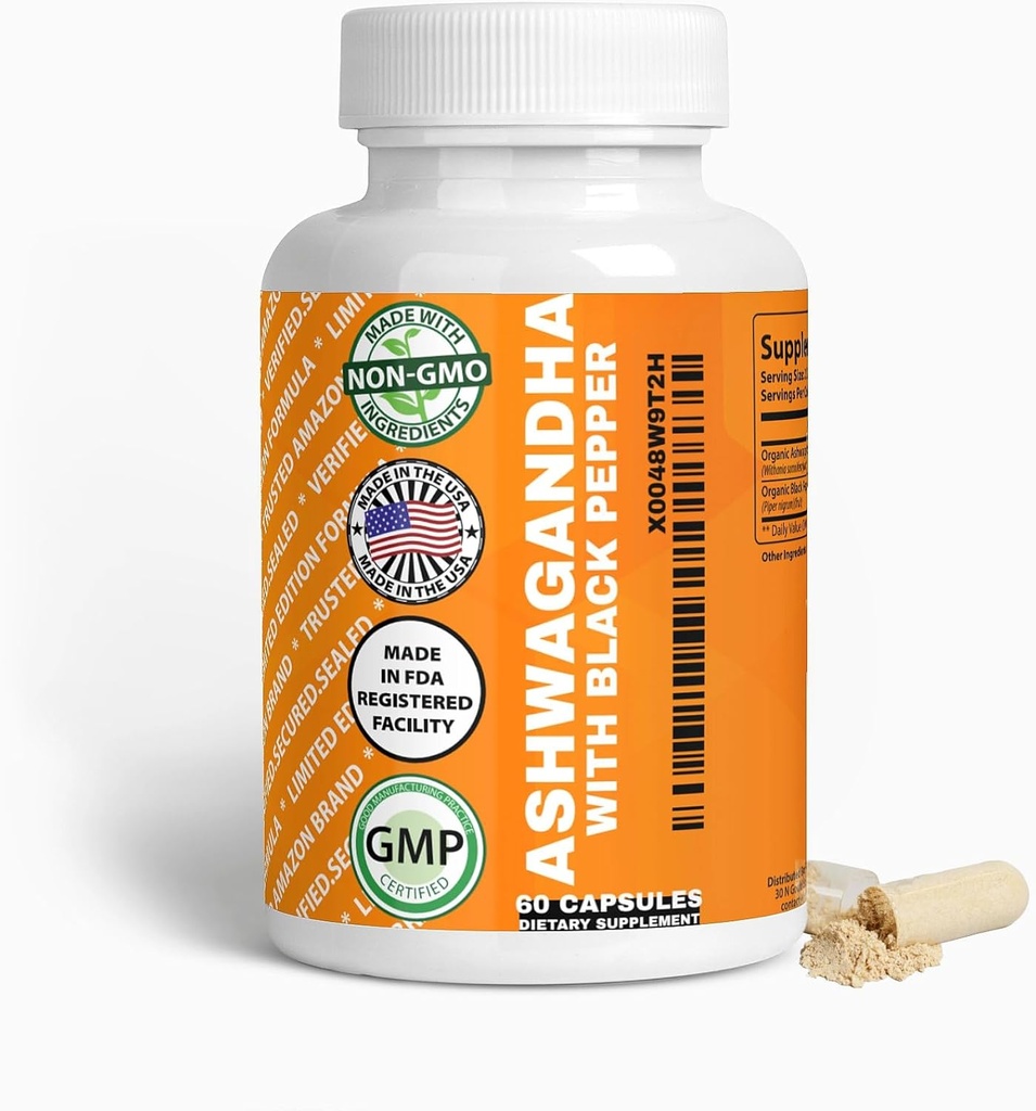 일반적인 유기 Ashwagandha & 까만 고추 캡슐, 1300mg & 10mg, 60 조사, 부스트 Immunity & 자연적인 Mood