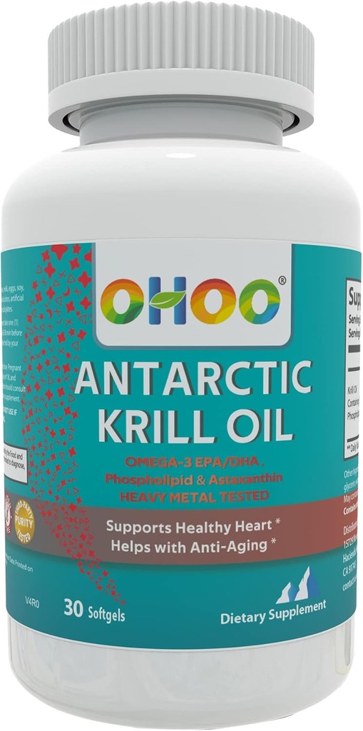OHOO Antarctic Krill 기름 500mg Omega-3 EPA & DHA 보충교재, Phopholipids, 산화 방지제 Astaxanthin는, 물고기 Aftertaste, 30 Softgels를 가진 건강한 심장과 노화 방지 보충교재를 지원합니다
