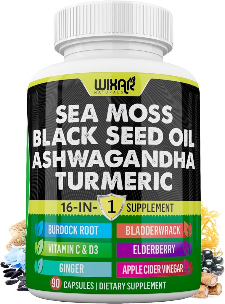 Wixar 바다 Moss 3000mg 까만씨 기름 2000mg Ashwagandha 1000mg Turmeric 1000mg Bladderwrack 1000mg Burdock 1000mg & 비타민 C & Elderberry Dandelion 황색 독 초록소 ACV - 90의 캡슐을 가진 D3
