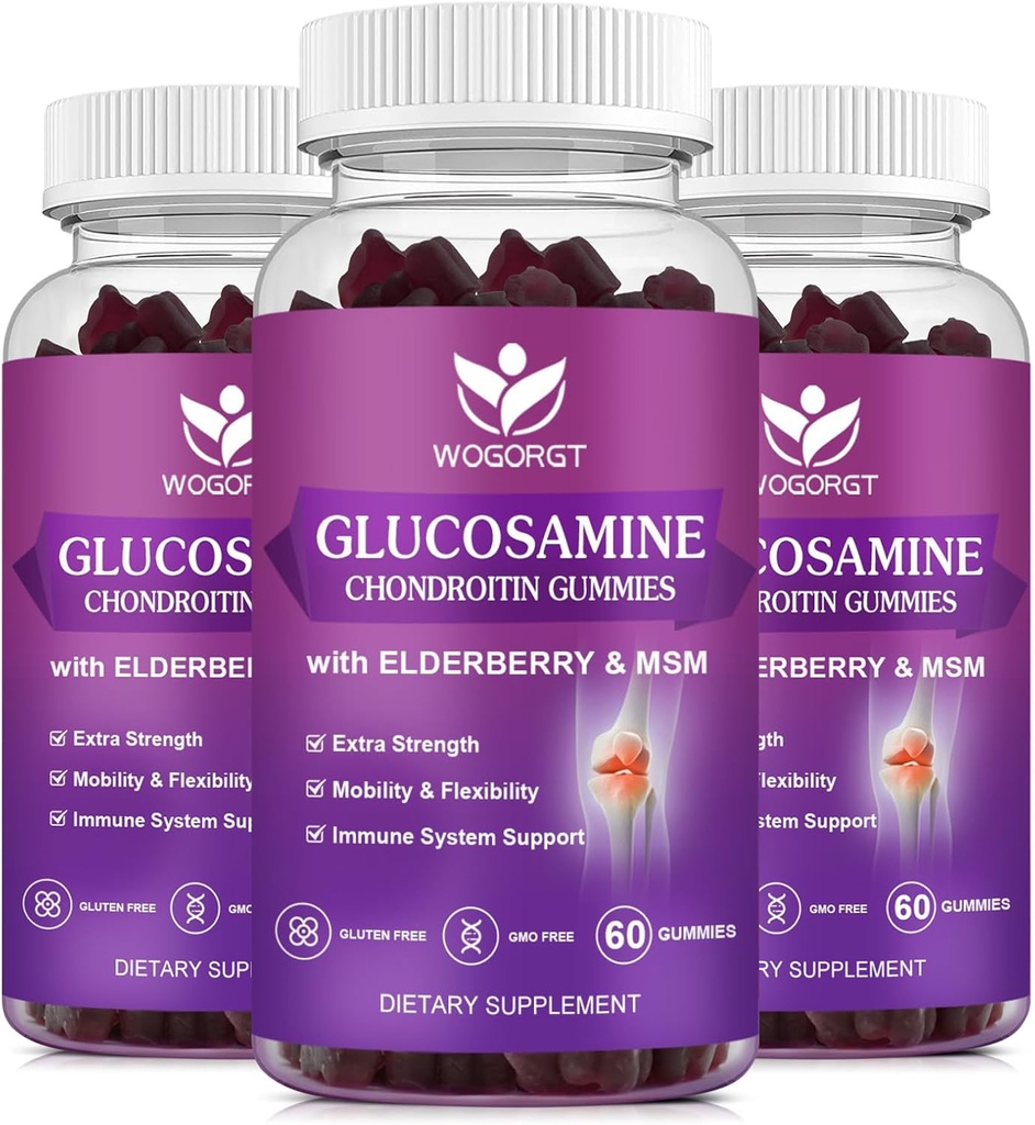 MSM & Elderberry와 Glucosamine Chondroitin Gummies - 1500mg Glucosamine Chondroitin Gummies는 Flexibility와 남성 & 여성, 60 Gummies (3 팩)에 대한 면역 지원을위한 보충을 보충합니다.