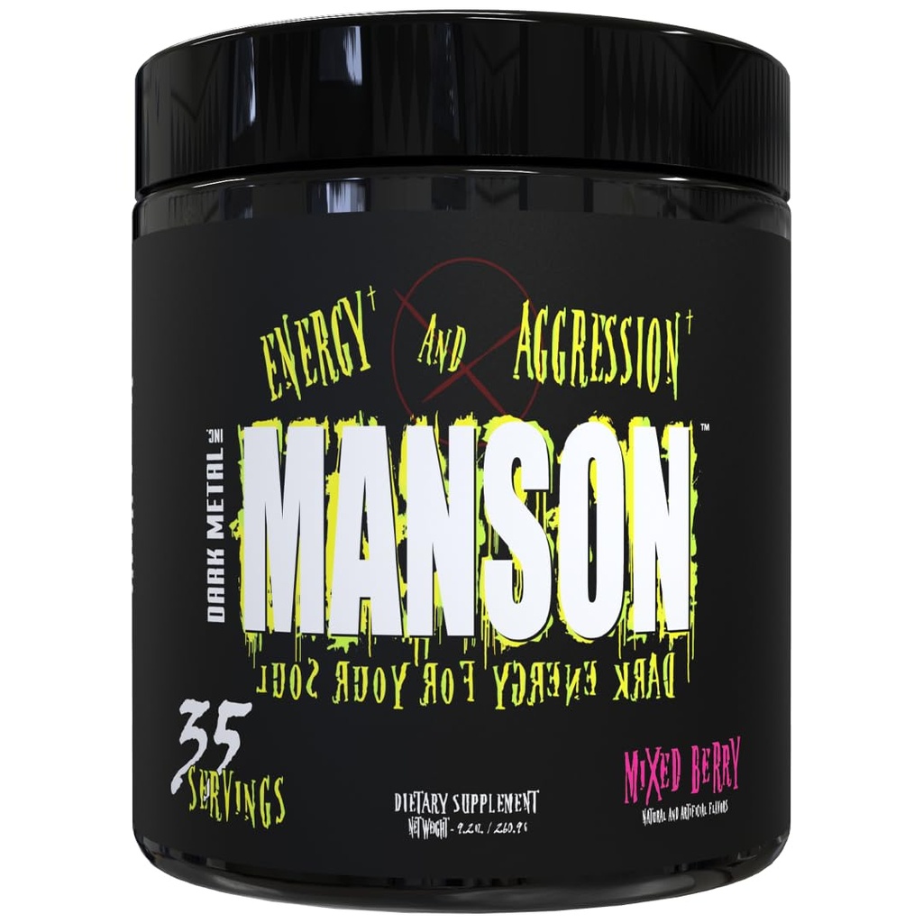 DARK METAL Inc Manson High Stim Pre Workout Powder, 에너지 초점 강도, Beta Alanine L Carnitine Caffeine Infinergy, 35 Srvgs, 혼합 Berry 로드