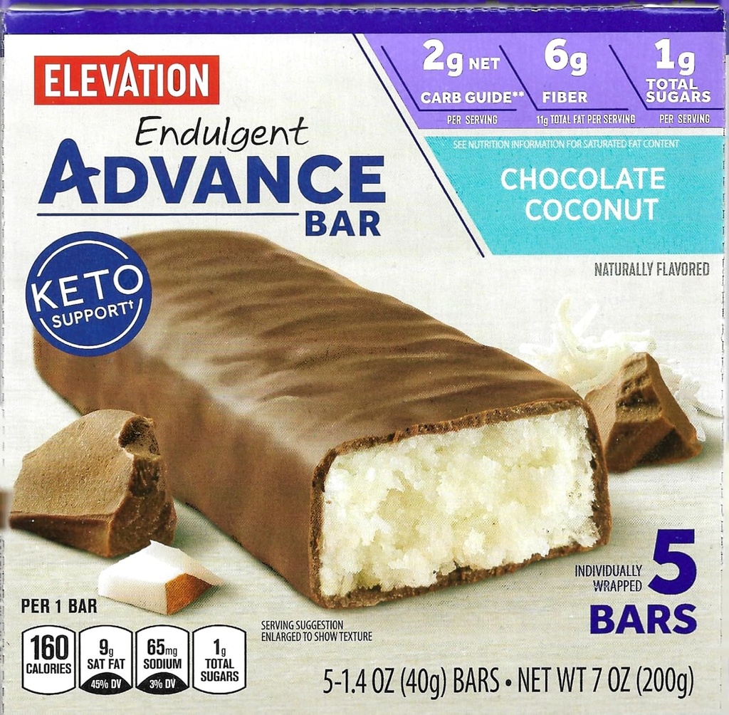 Millville Elevation Advance Chocolate Coconut Bar, Carb Conscious, 5g Protein, 요리법. 5, 1.4oz의 1개의 상자 개별적으로 감싸인 막대기. 뭉치는 2개의 조리법, 5개의 막대기를 포함합니다.