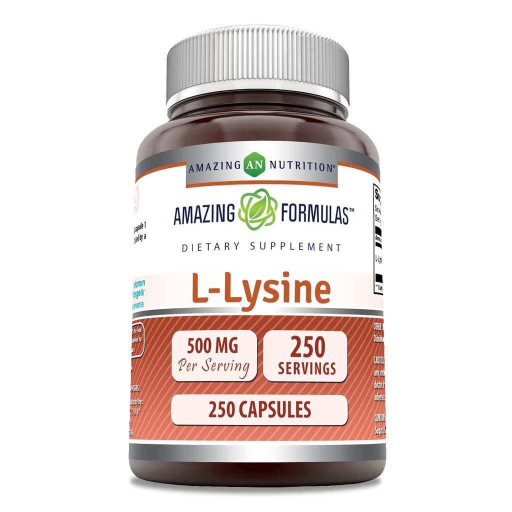 Amazing Formulas L-Lysine 500 Mg 아미노산 보충 | 캡슐 | Non-GMO | 글루텐 프리 | 미국 (1 팩 | 250 개)
