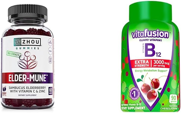 ZHOU 영양 Elderberry Gummies Immune 지원은 Vitafusion 비타민 B12 Gummies 에너지 대사 지원, 60 및 90 조사를 묶습니다