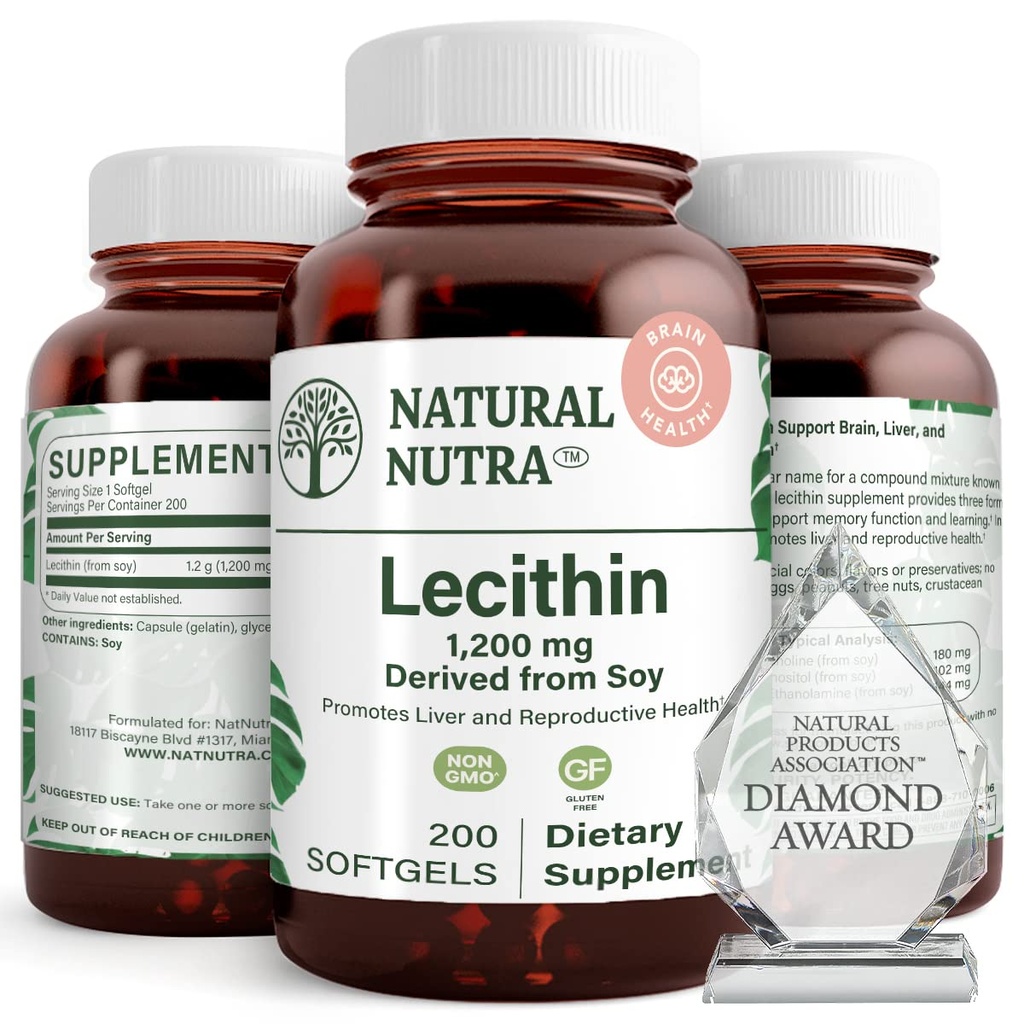 자연적인 Nutra Soy Lecithin 1200 mg 규정식 보충교재 - 뇌 기능, 간기능 건강, 향상 Procreant 건강, 부스트 보충교재 - 글루텐 자유로운, BPA 자유로운, 재상할 수 있는 유리병에 있는 200의 Softgels