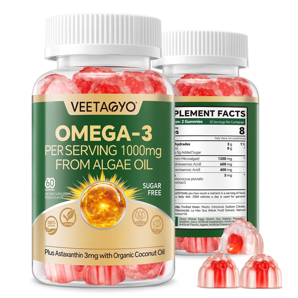 Vegan 오메가 3 Gummies 1200mg - 이중 층 - 물고기 기름 대안, 바다 조류 오메가 3 보충 DHA 600mg, 아스시틴을 가진 EPA 400mg, 수가 무료, 60 Cts