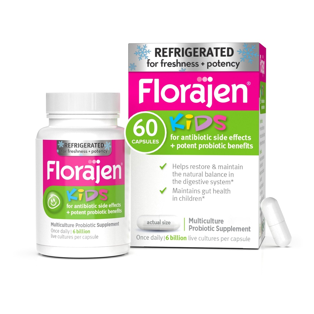 Florajen Kids Probiotic - 어린이 6 개월 동안 매일 Gut & Immune 지원 - 변비, Bloating, & 소화 완화 - 신선도 및 효능에 대한 냉장 - 60 캡슐