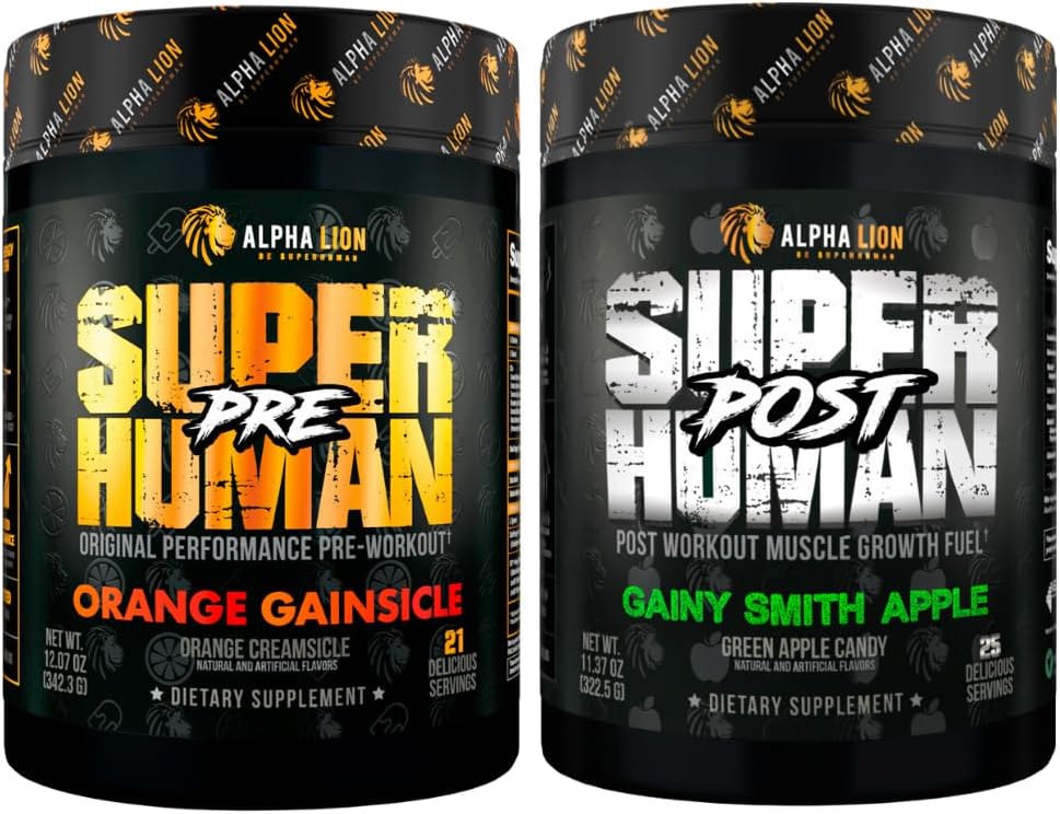 ALPHA LION Superhuman Pre 운동 분말 & 포스트 운동 회복 뭉치, 지속된 에너지 & 초점 + Lean 근육 성장, 힘 & 양 (Hulk 주스 & 게이 스미스 애플)