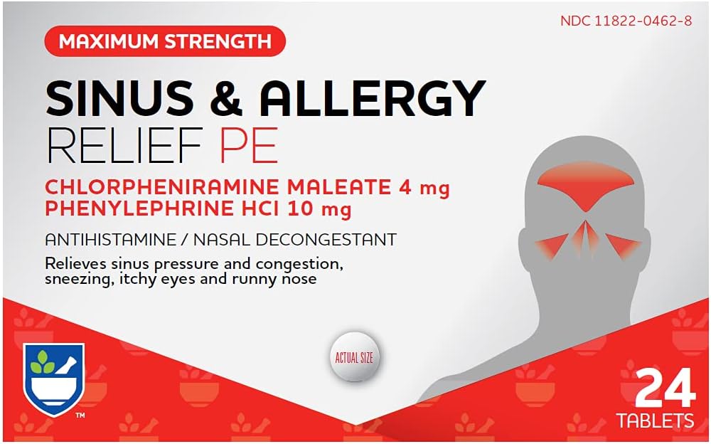 Rite Aid Sinus & Allergy Relief PE Tablets, 최대 힘 24 조사 | 항히스타민 및 Nasal Decongestant | 4 시간 알레르기 약물 | 알레르기 및 혼잡 완화