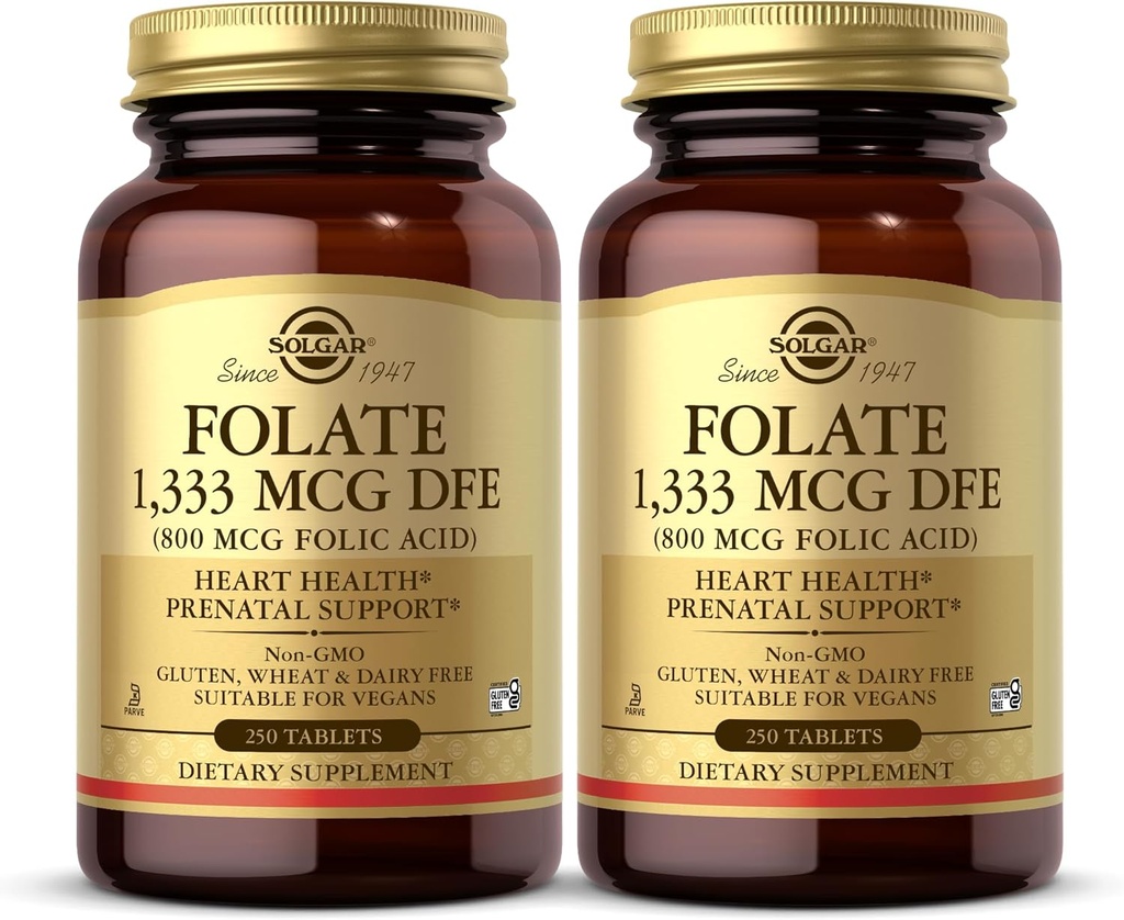 Solgar Folate 1,333 mcg DFE (Folic Acid 800 mcg) - 250 정제, 2 팩 - Prenatal Support - Non-GMO, Vegan, Gluten Free, Dairy Free, Kosher - 500 총 서빙