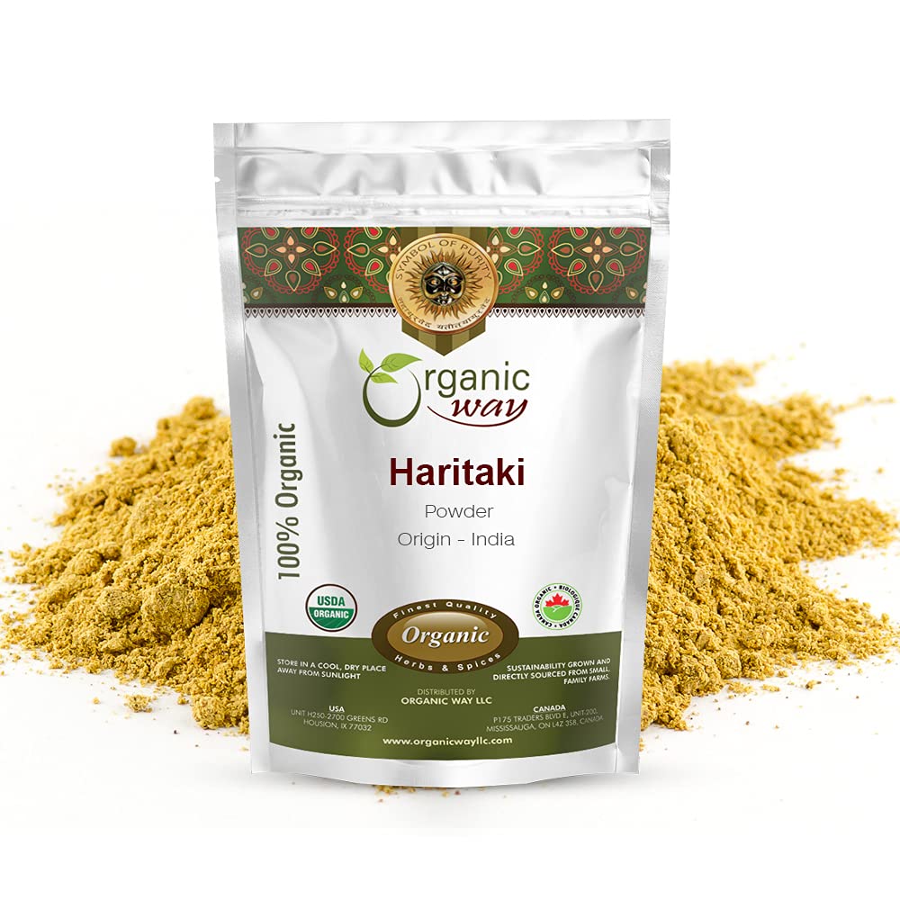 Organic Way Premium Quality Haritaki Powder (Terminalia Chebula) - 유기농 및 고저 인증 | 원시, 비 GMO 및 글루텐 무료 | USDA 인증 | 원산지 - 인도 (1LBS / 16Oz)