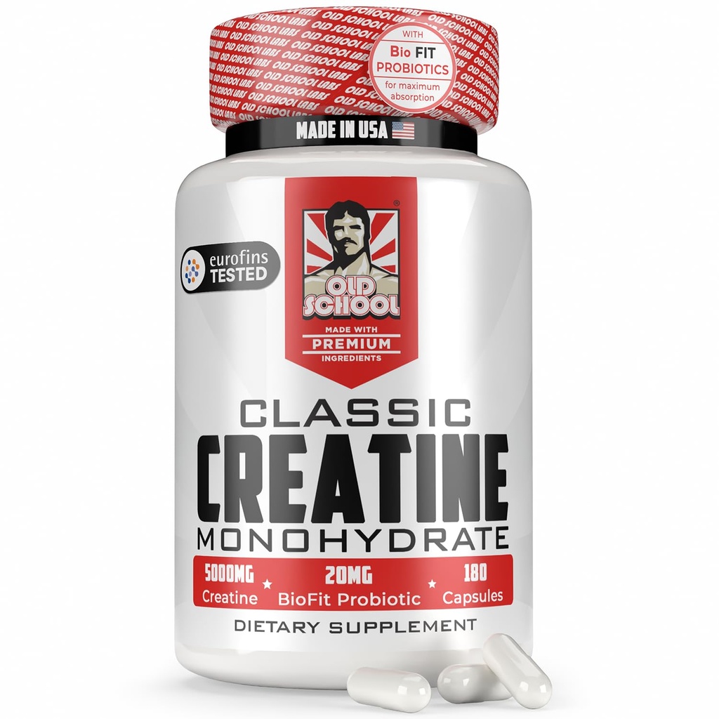 Old School Labs 5000mg Creatine Monohydrate 캡슐 BioFitTM (최대 강도) 지원 근육 성장 & 회복, 성능,인지 건강 - 남성 및 여성을위한 크레아틴 알약, 미국에서 만든 180 모자