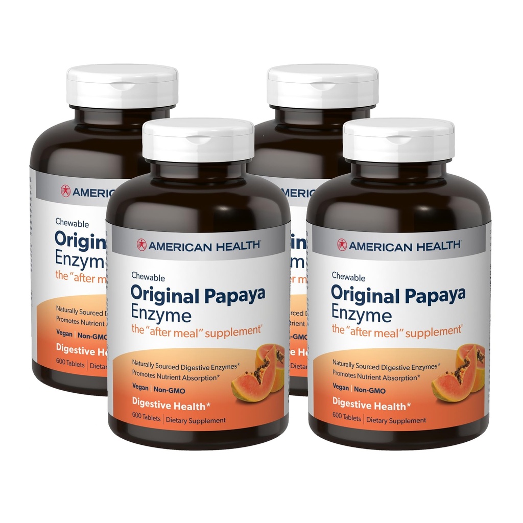 미국 건강 Original Papaya Enzyme - 600 Chewable Tablets, 4 팩 - After-Meal 보충교재 - Non-GMO, Vegan - 800 총 봉사