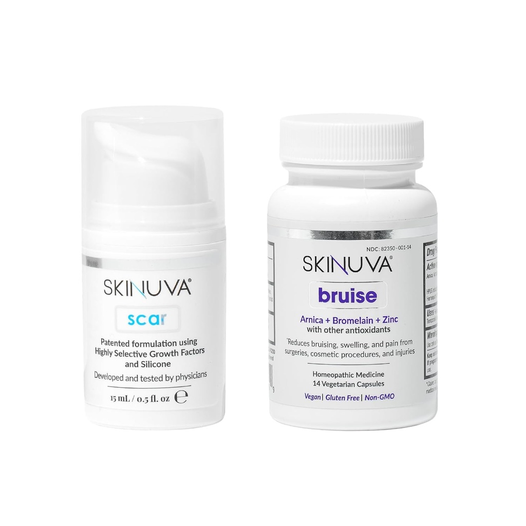 Skinuva® Scar (0.5 oz) & Bruise (14 캡슐) - 성장 인자 & Homeopathic Bruise Remedy와 공식화 된 고급 실리콘 크림 Arnica, Bromelain 및 아연