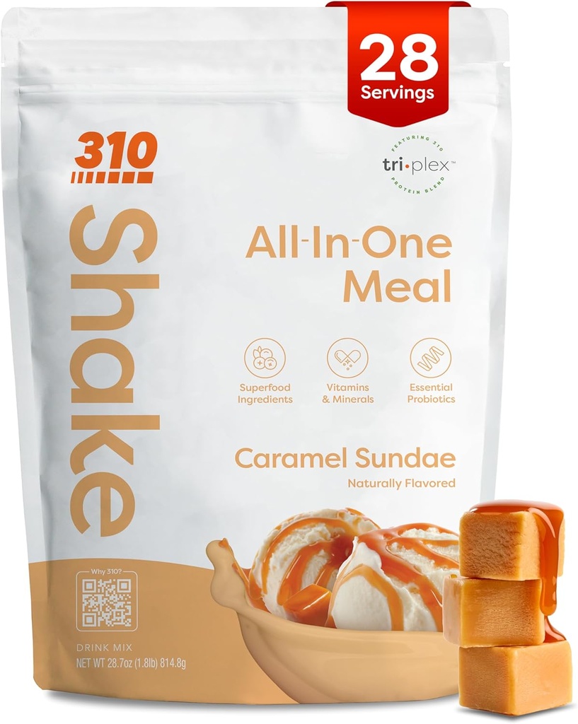 310 영양 All-In-One Meal Replacement Shake Powder - Plant-Based Protein Smoothie Blend w/High Fiber, Probiotics & Adaptogens - 낮은 Carb, Vegan, Keto & Paleo Friendly - Caramel Sundae - 28 Srv