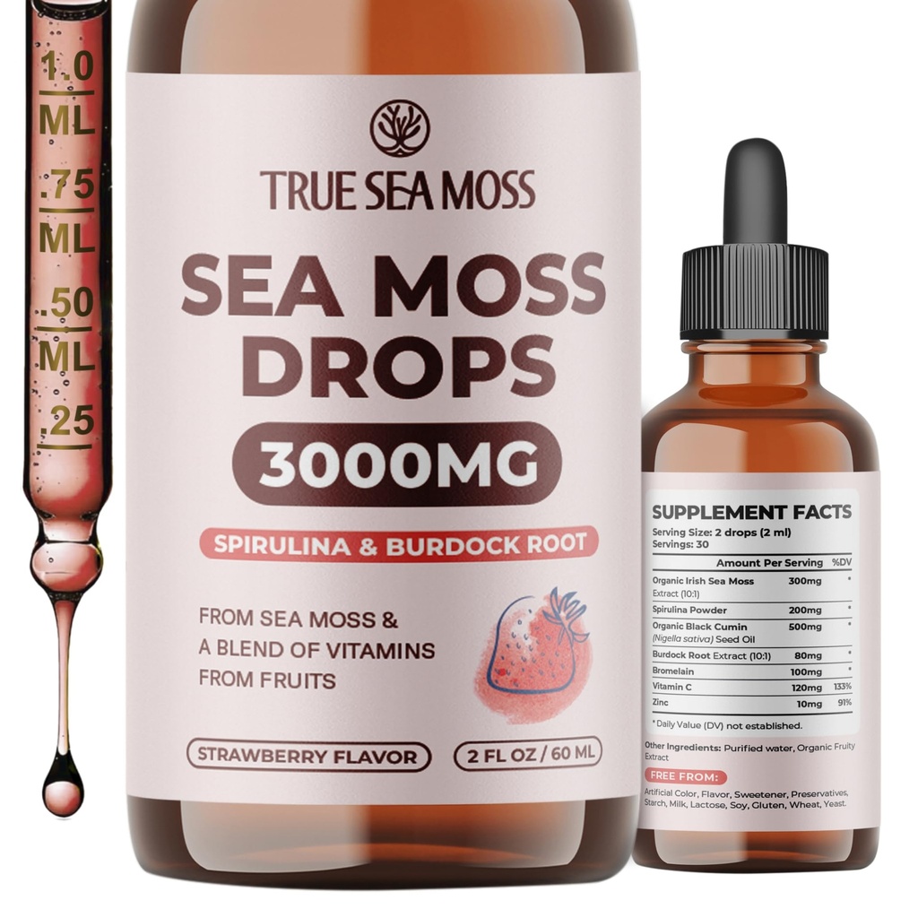 TrueSeaMoss Irish Sea Moss Drops - 5X 더 강한 바다 Moss Gel - 92 + Essentials Minerals - Spirulina Powder, Burdock Root & Black Cumin - 2 Fl Oz (60ml) - 딸기 풍미